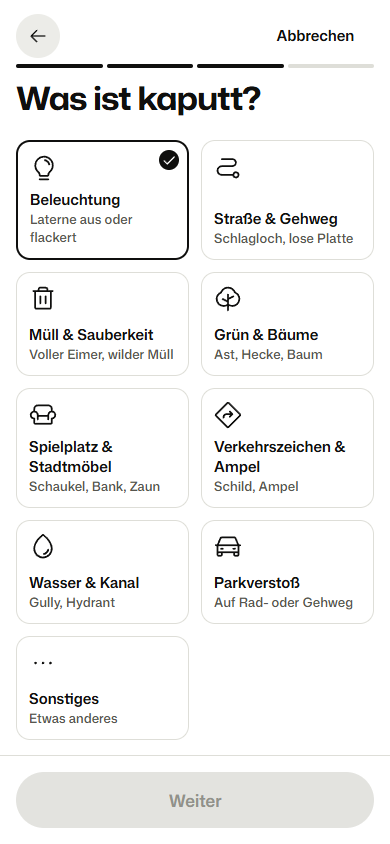 Bürger-App: Kategorie einer Meldung wählen